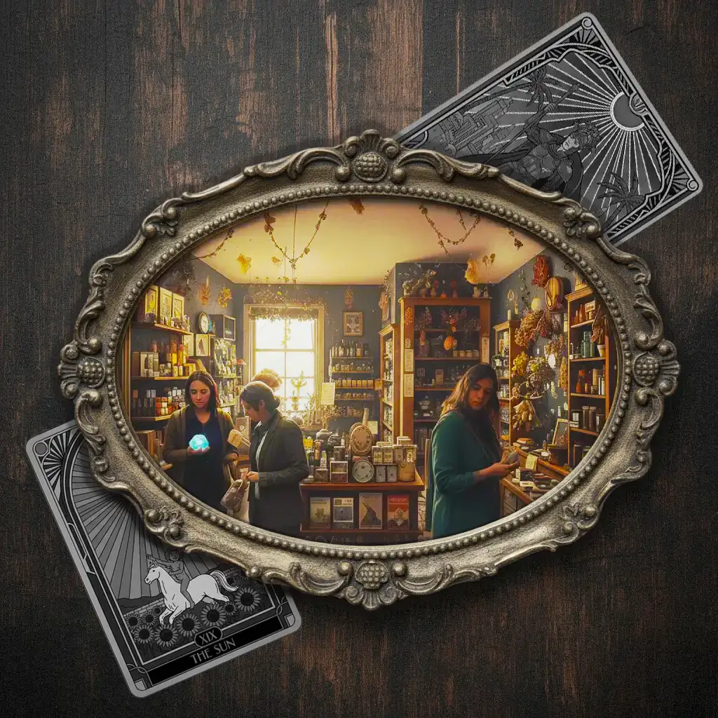 Ornate mirror reflecting a metaphysical store, sitting atop the Tarot Sun and Chariot cards.