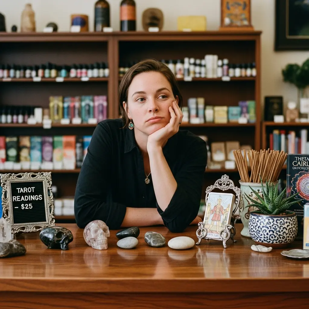 An image of a countertop at a metaphysical shop. There is a person behind the counter looking bored because there are no customers
