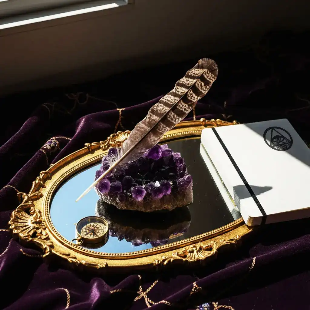 Ornate gold mirror reflecting a compass, with amethyst crystal and feather on purple velvet.