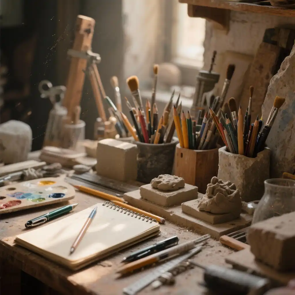 A cluttered artist's table with paintbrushes, pencils, clay scraps, a paint palette, and an open notebook.