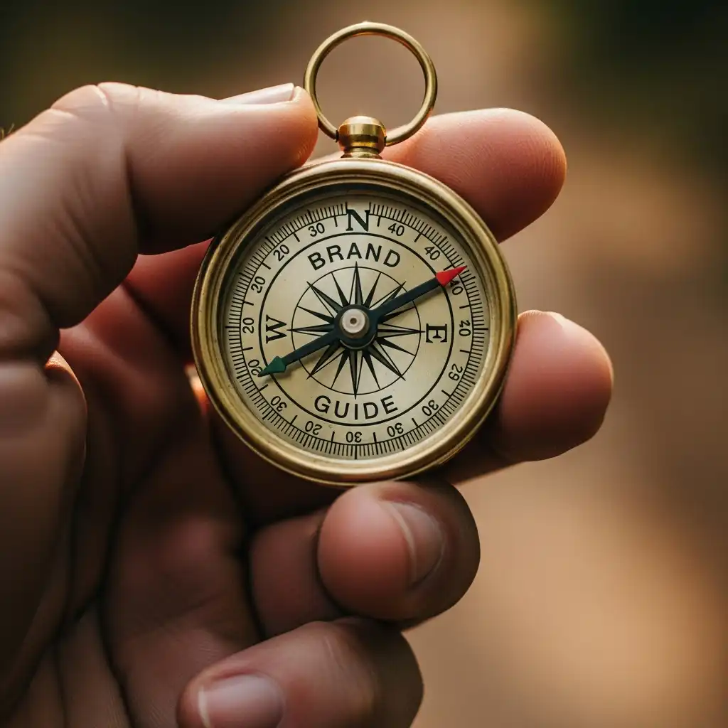 A hand holding an antique brass compass labeled BRAND GUIDE in the center.