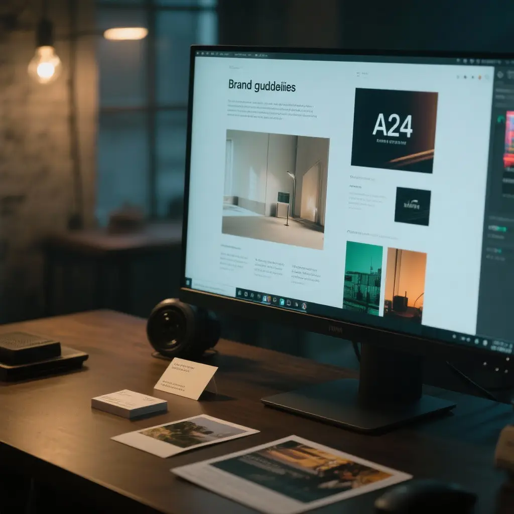 Brand guidelines on a computer screen with business card, postcard, and flyers on the table.