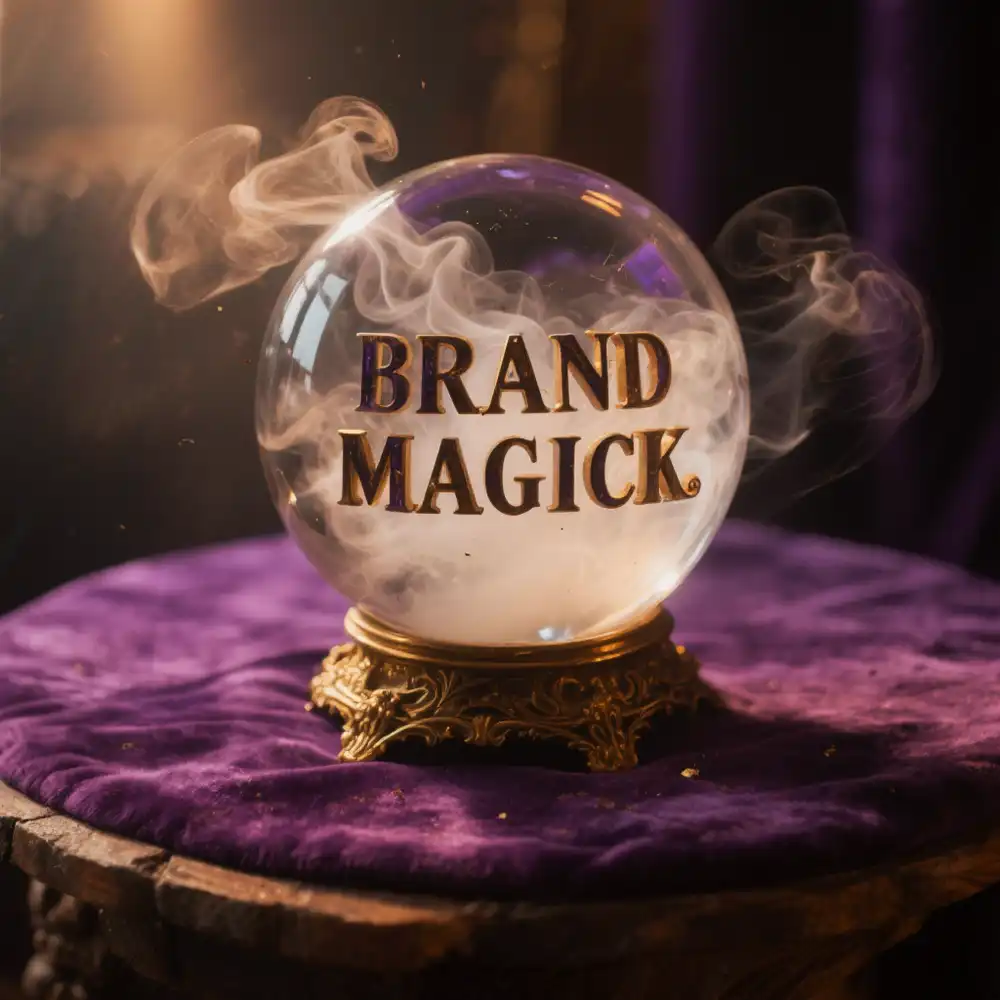 A crystal ball on a purple velvet cloth with the words BRAND MAGICK inside, surrounded by smoke.