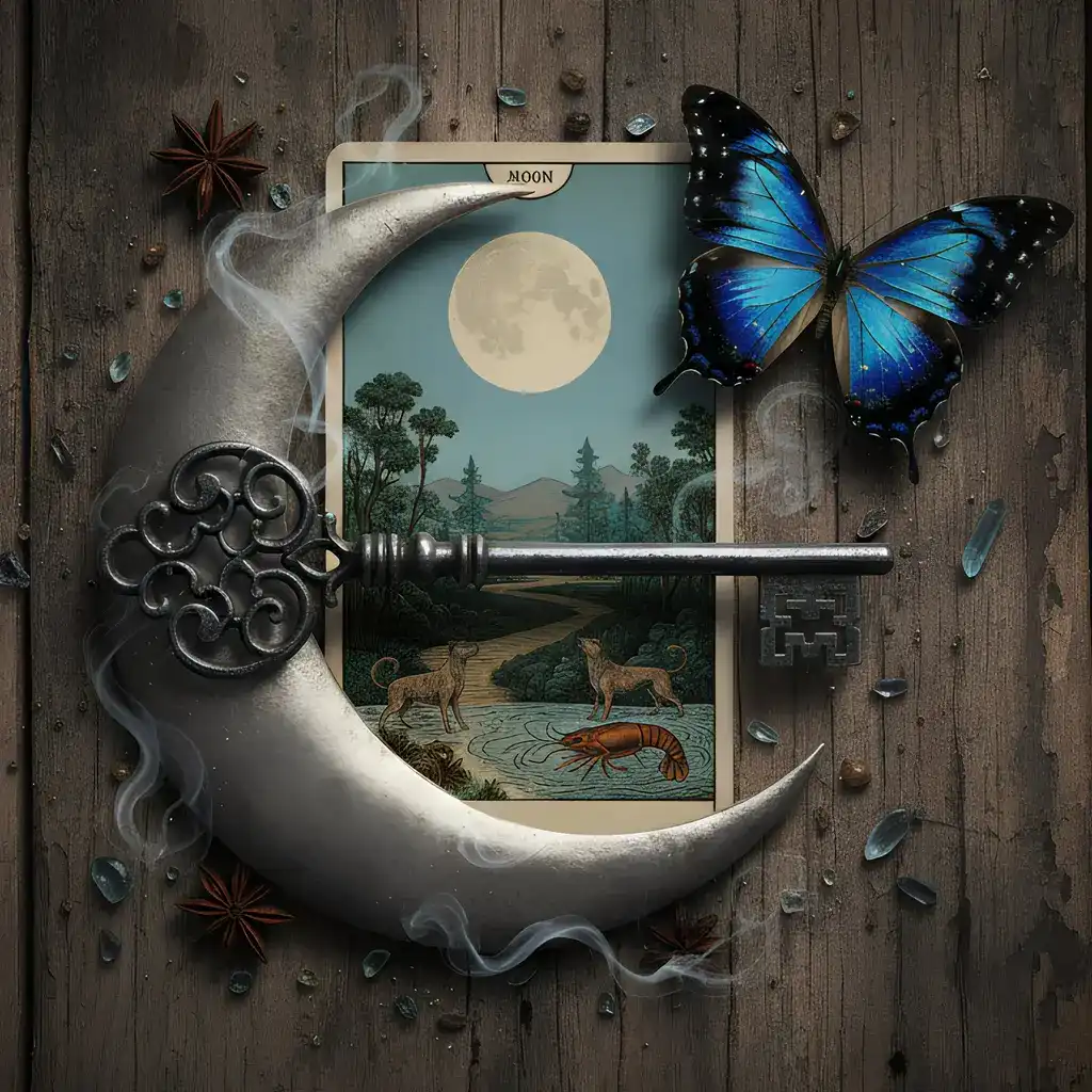 Moon' tarot art with a crescent, key, and blue butterfly on a rustic wood canvas.