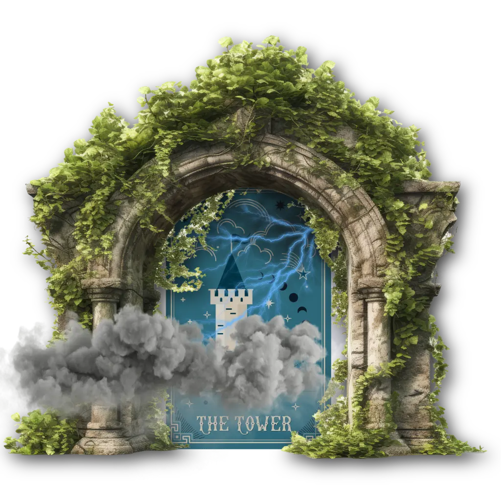 Digital artwork of an ancient stone archway framing The Tower tarot card.