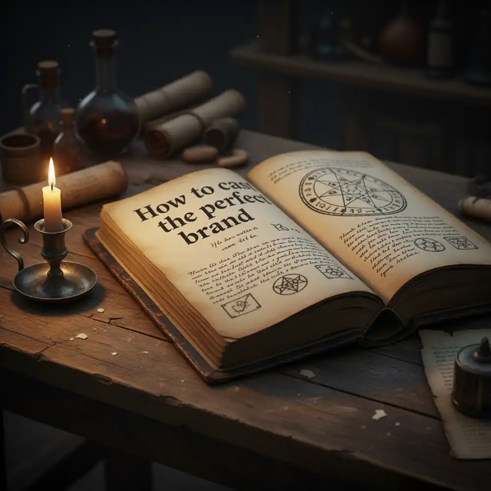 An antique, open book titled How to cast the perfect brand on a dark wooden desk, illuminated by a candle.