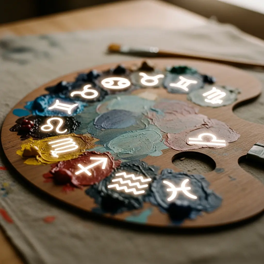 An artist's wooden palette with dabs of paint overlaid with glowing white neon zodiac symbols.