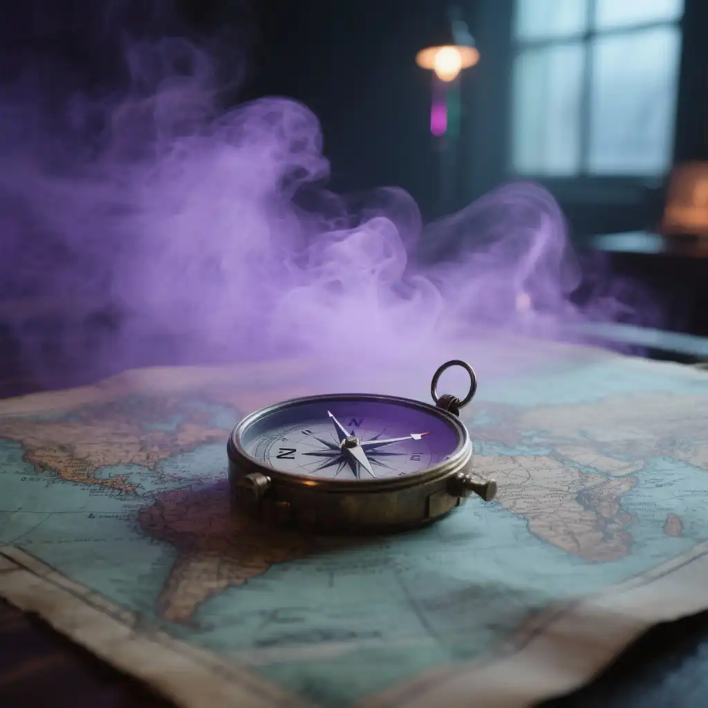 An antique compass sits on a faded world map, surrounded by swirling purple smoke.