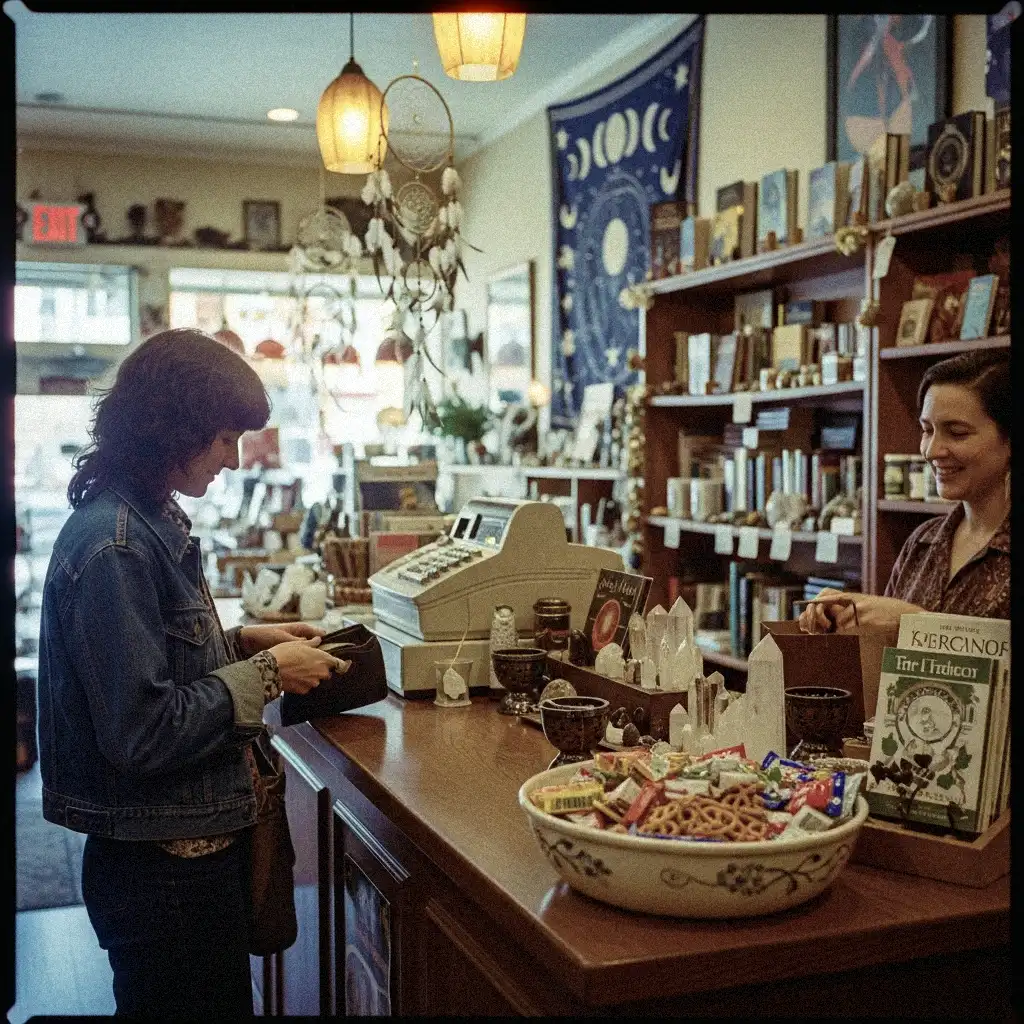 A smiling shop attendant standing behind a wooden counter assisting a customer who is paying for items in a spiritual or metaphysical shop.