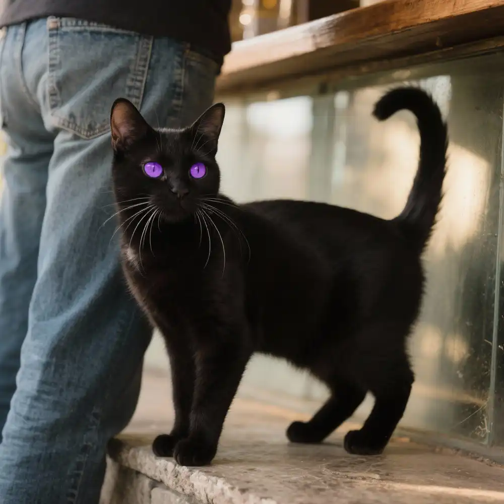 A sleek black cat with glowing purple eyes stands next to a person in jeans.