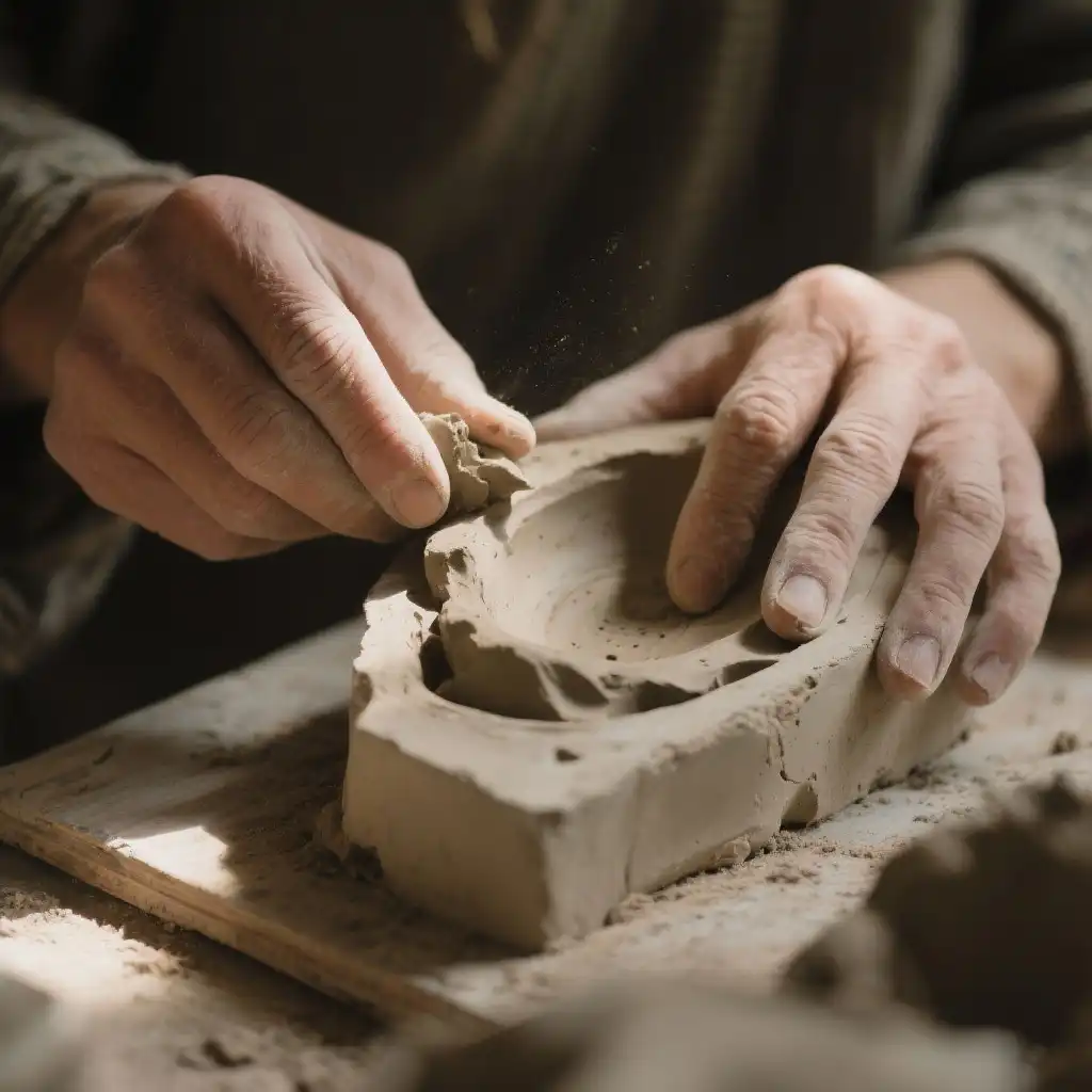 A close-up of hands peeling back the edges of a piece of soft clay in a mold.