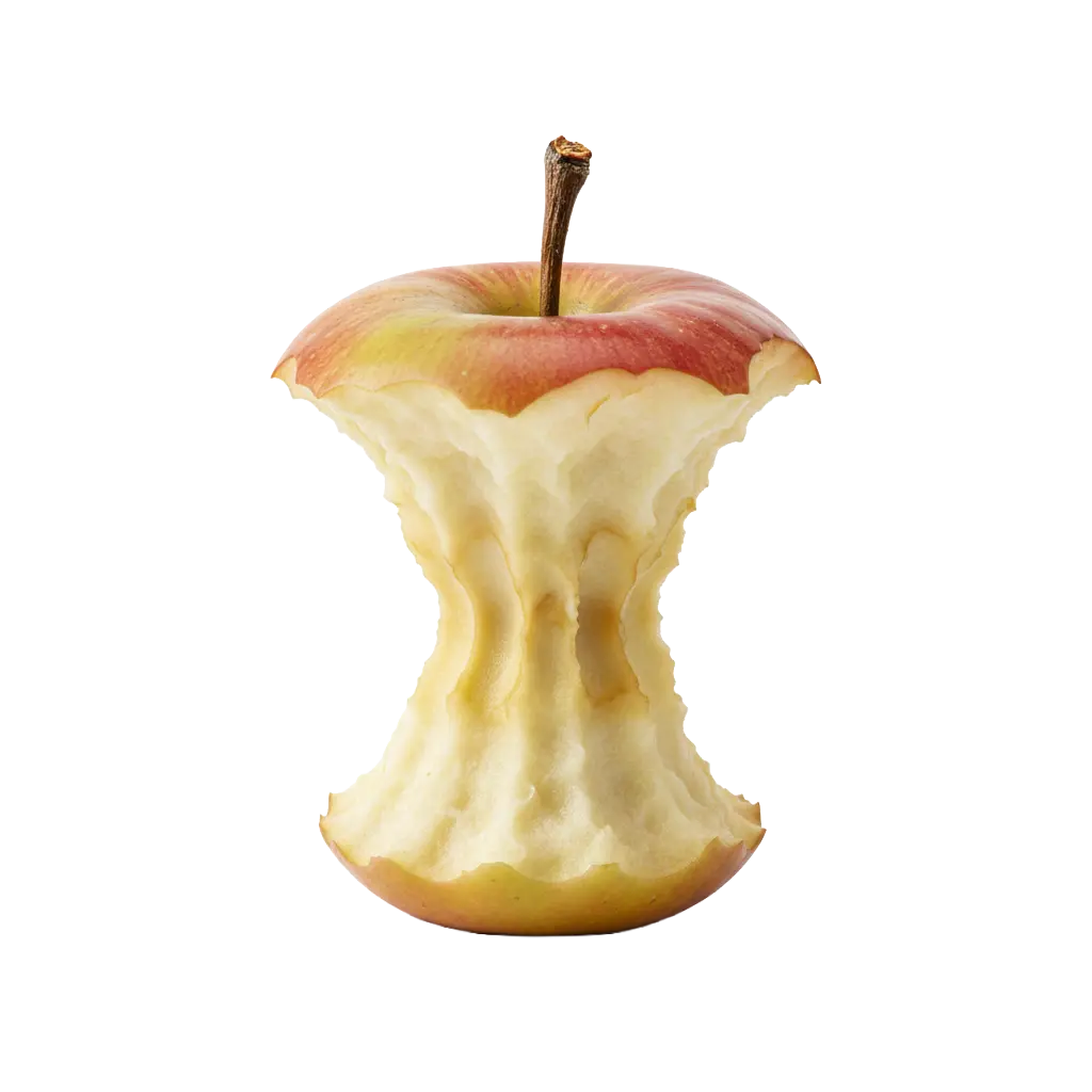 An apple core on a white background.