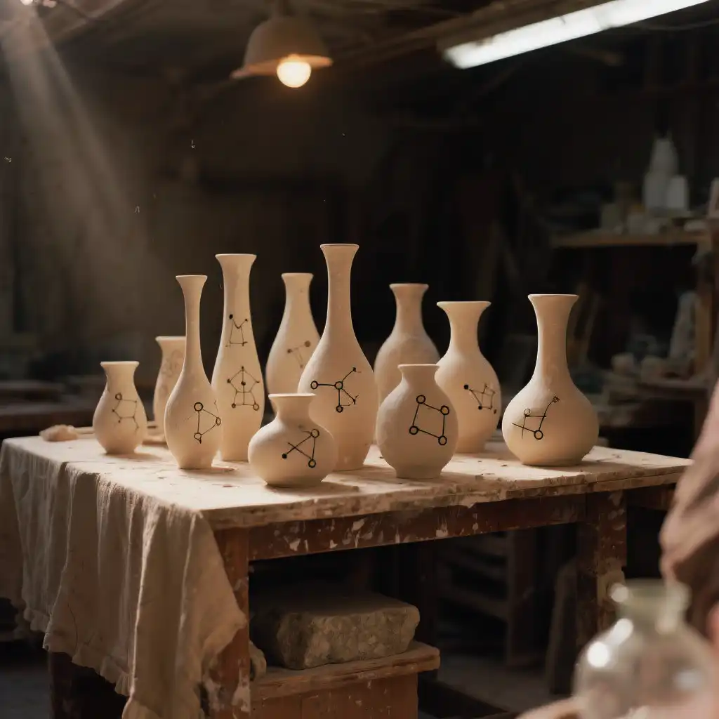 Several tall, unglazed pottery vases on a table, decorated with constellation patterns.