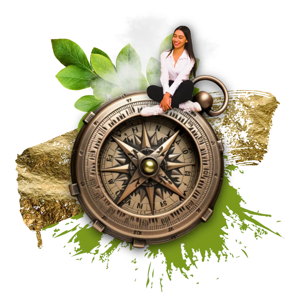 Young woman sitting on a vintage bronze compass surrounded by leaves and gold foil textures.