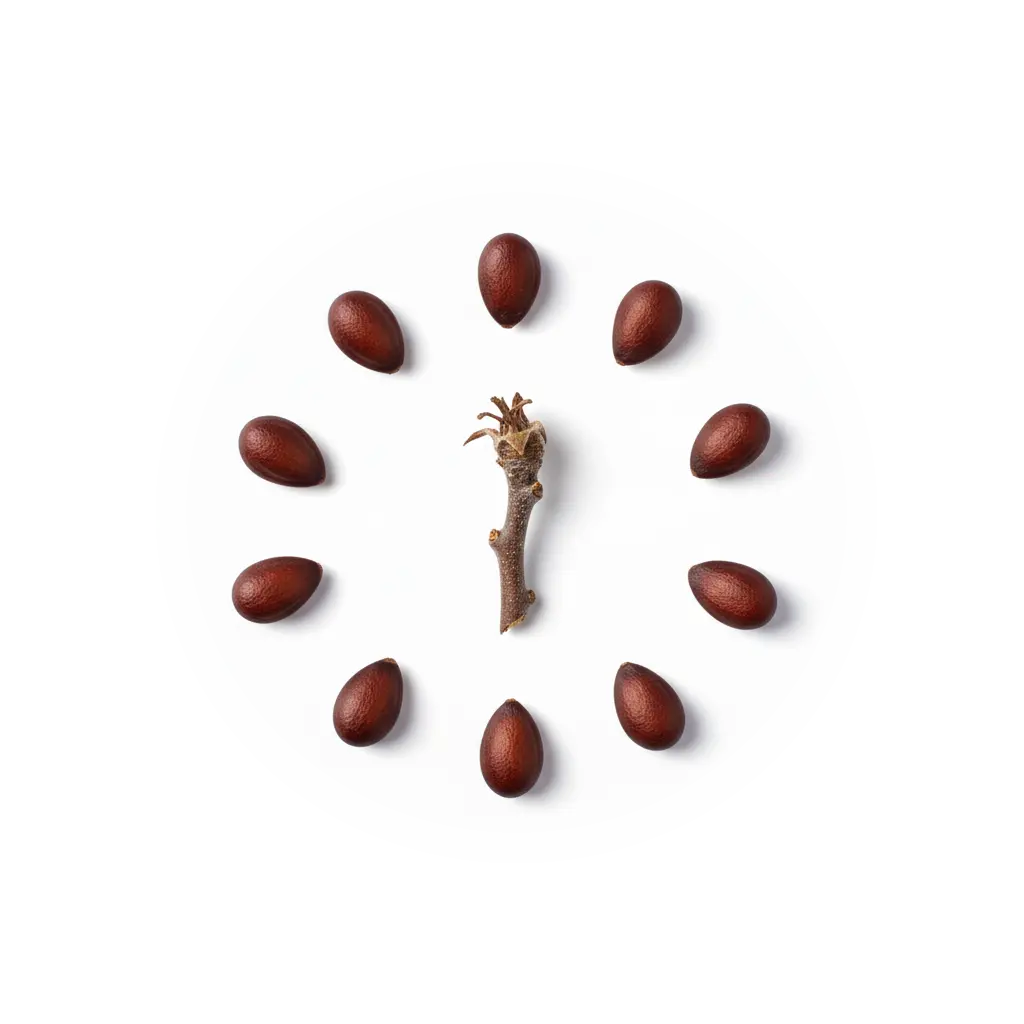 Image of 8 apple seeds in a circle around the stem of an apple