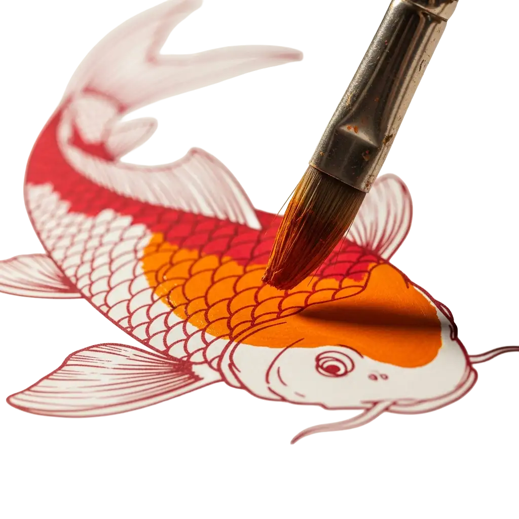 Close-up of a line drawing of a koi fish being painted with red and orange colors. 