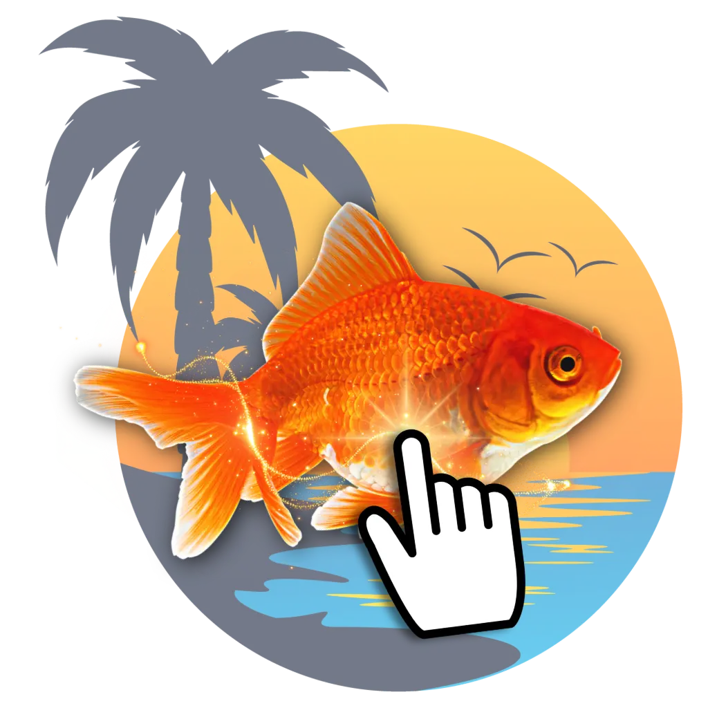 A vibrant, circular graphic featuring a large, bright orange goldfish swimming in front of a tropical sunset and ocean scene. A white cursor hand icon, as if clicking, is overlaid on the lower right side of the fish.