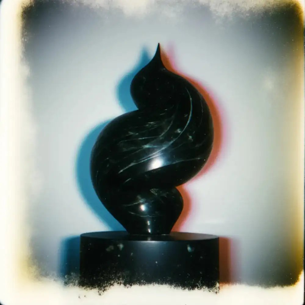 A glossy, dark serpentine sculpture shaped like a rising flame or inward spiral, dramatically lit with red and blue glow.