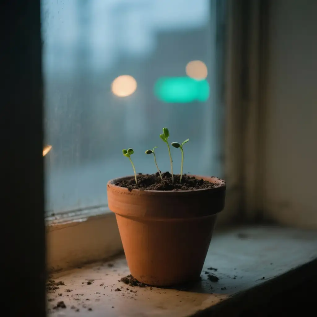 Small green seedlings growing in a terracotta pot on a dark windowsill against blurred city lights.