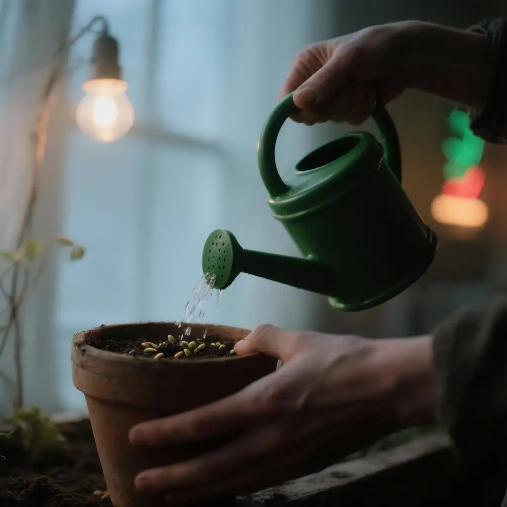 Hands holding a green watering can, watering seeds in a terracotta pot by a window.