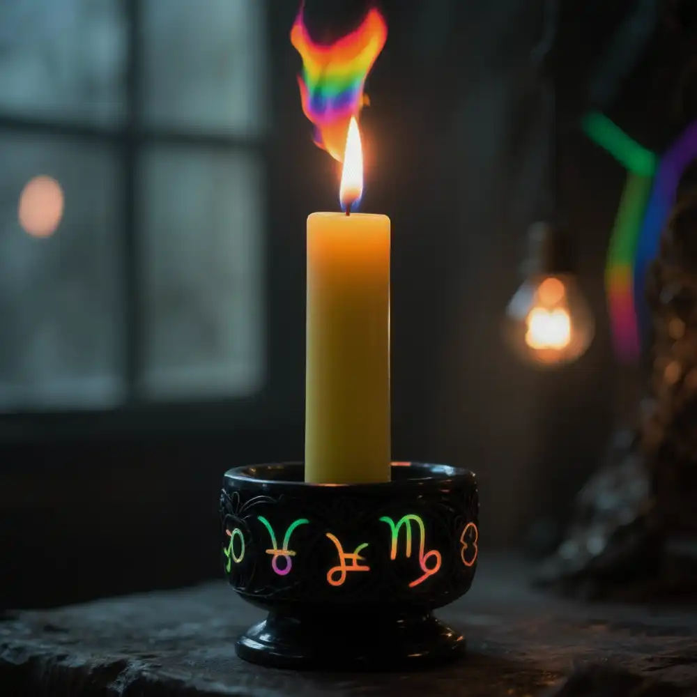 A yellow candle in a black holder decorated with glowing neon zodiac symbols, with a rainbow-colored flame.