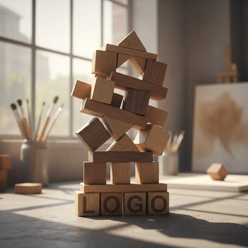 Artistic image of a block tower. The base spells LOGO in small blocks, with various shapes piled atop like a Jenga tower.