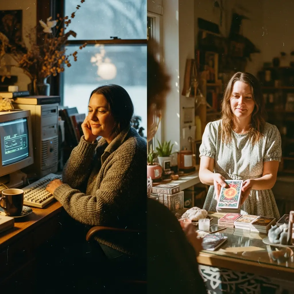 Artistic visual of a shopkeeper in the winter working on the computer and in the summer the same shopkeeper behind a counter selling a tarot deck to a customer