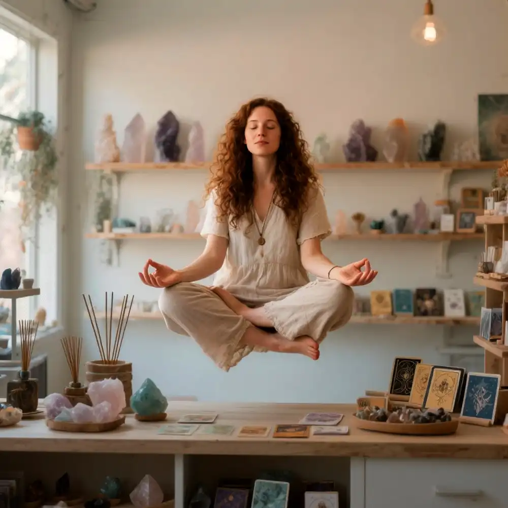 A woman with long, red hair meditating and levitating above a counter filled with crystals and tarot cards.