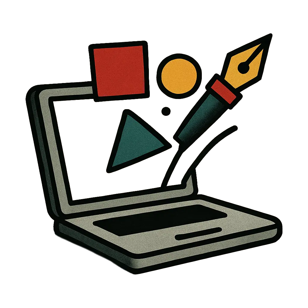 An abstract visual representation of professional logo design where the shapes and colors come alive from the computer screen.
