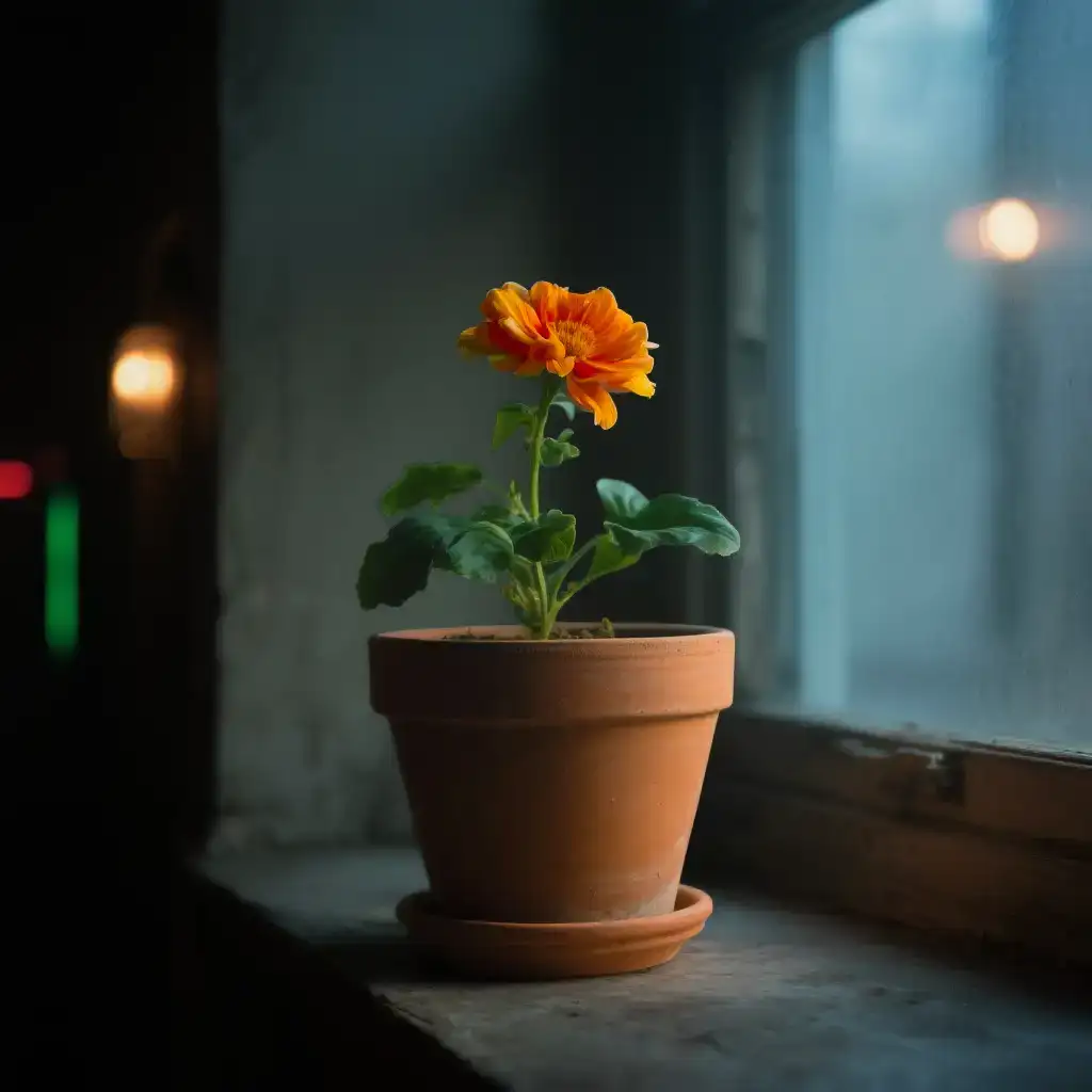 A single orange flower in a terracotta pot sitting on a dark windowsill.