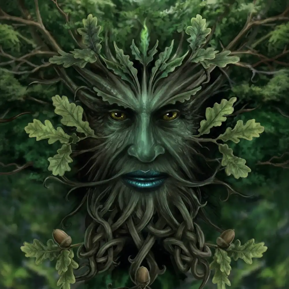 An artistic, intense depiction of the Green Man's face, made of oak leaves and intertwined wood.