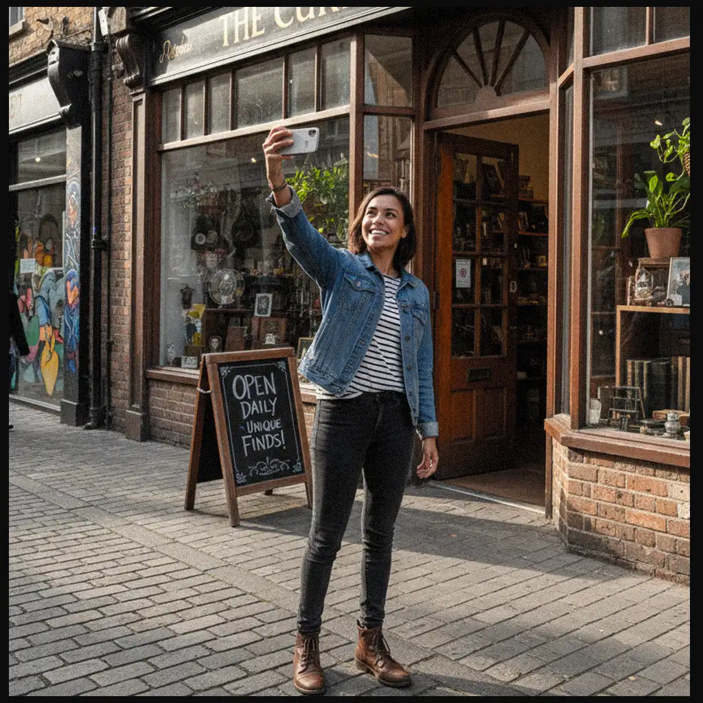 A young woman taking a selfie in front of a quaint antique shop with a chalkboard sign reading 'OPEN DAILY - UNIQUE FINDS!'