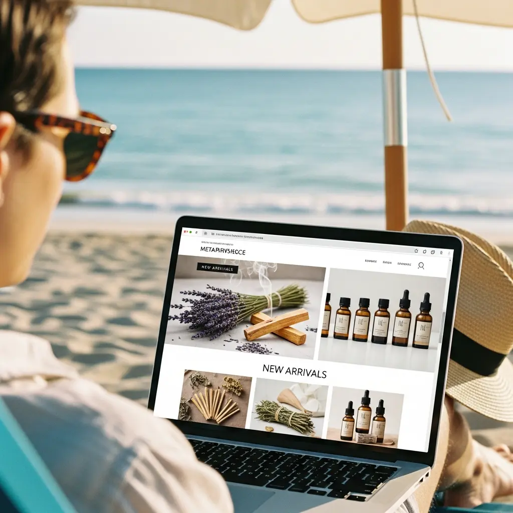 An image of an ecommerce metaphysical shop selling herbs and incense. The website is being viewed on a laptop by a person laying on a beach chair on vacation.