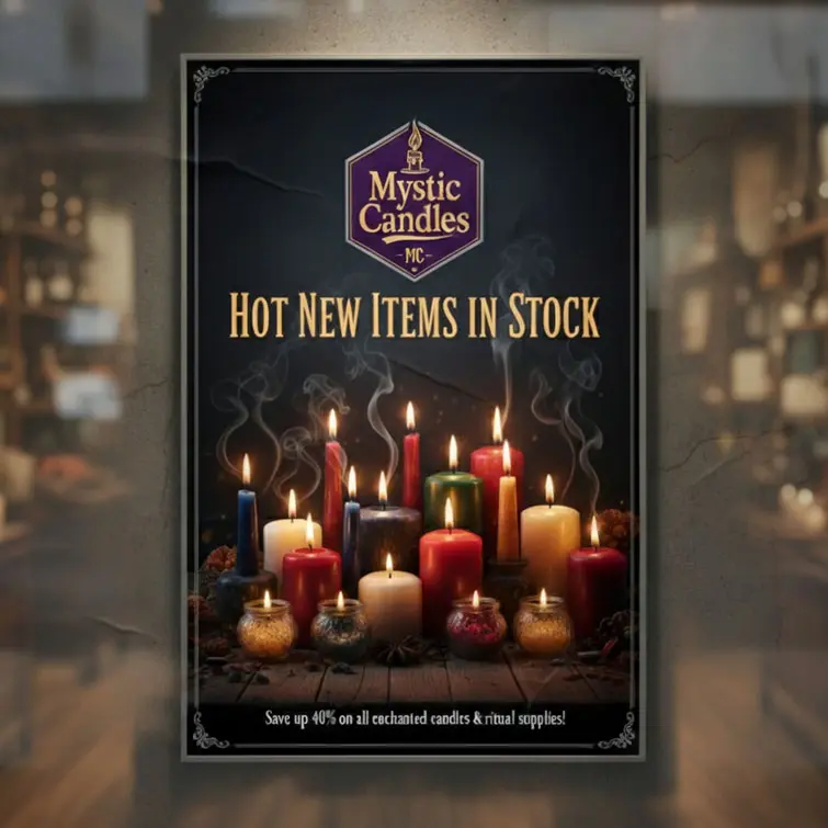 Retail sign for Mystic Candles with logo and 'HOT NEW ITEMS IN STOCK' text.