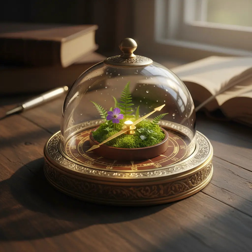 Close-up of an antique brass compass enclosing a miniature terrarium.
