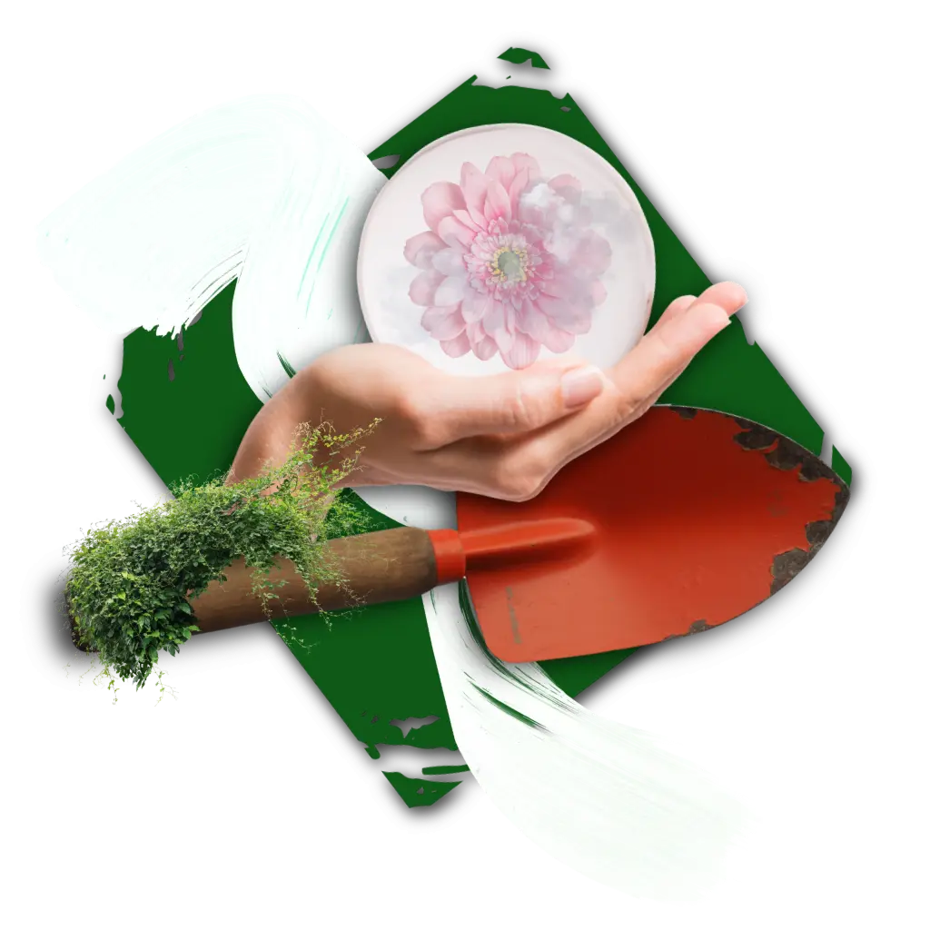 Hand holding a glowing orb with a pink flower, overlaid on a rusty garden trowel.