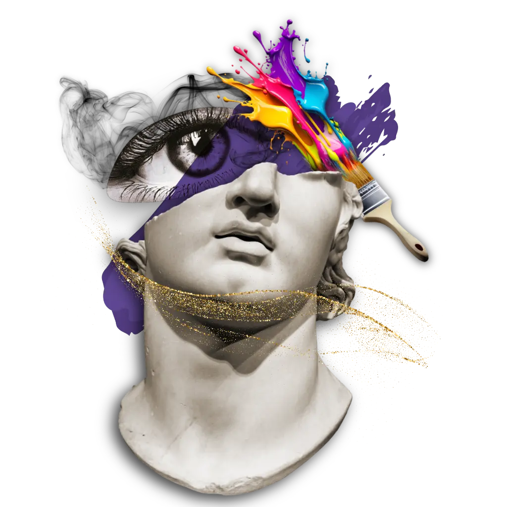 Abstract digital art of a plaster bust overlaid with paint splashes and a purple eye graphic.