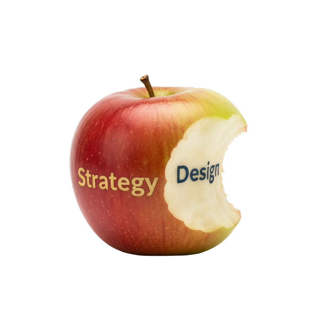 An apple with a bite taken out of it. On the whole side is the word strategy, on the bitten side is the word design