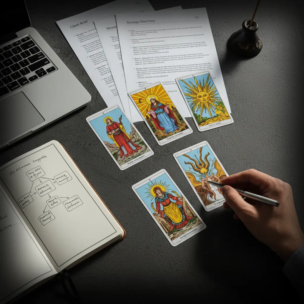 A dark overhead shot of a desktop with a hand drawing in a notebook with a flow chart, several Tarot cards laid out over business documents titled Strategy Overview and Client Brief.