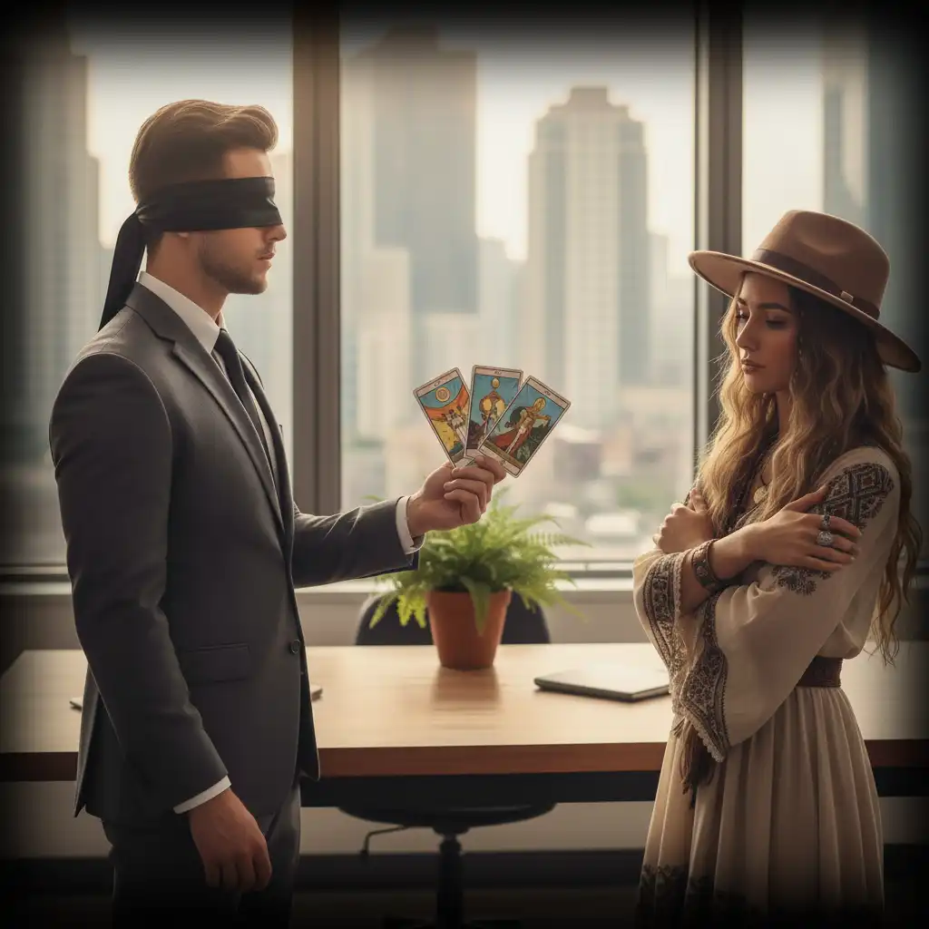 A blindfolded man in a business suit holding tarot cards out to a woman in a wide-brimmed hat in a modern office.