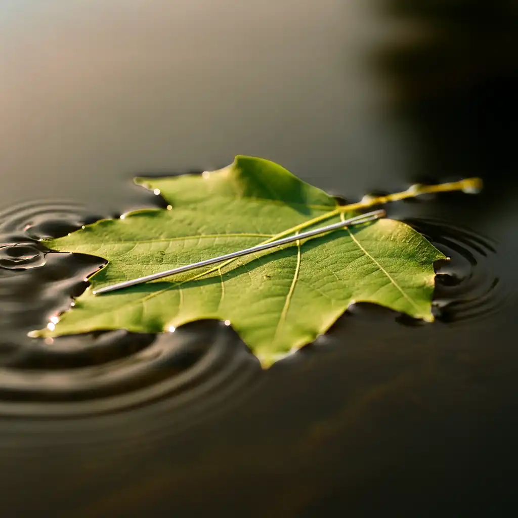 A green maple leaf floating on dark water with a sewing needle resting on top of it.