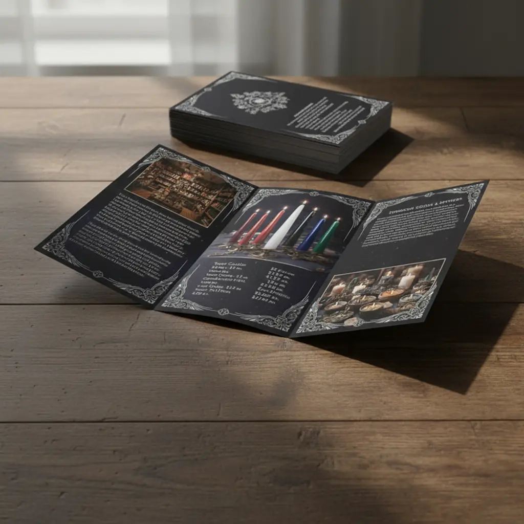 Dark tri-fold brochure with silver borders lying open, next to a stack of closed brochures.