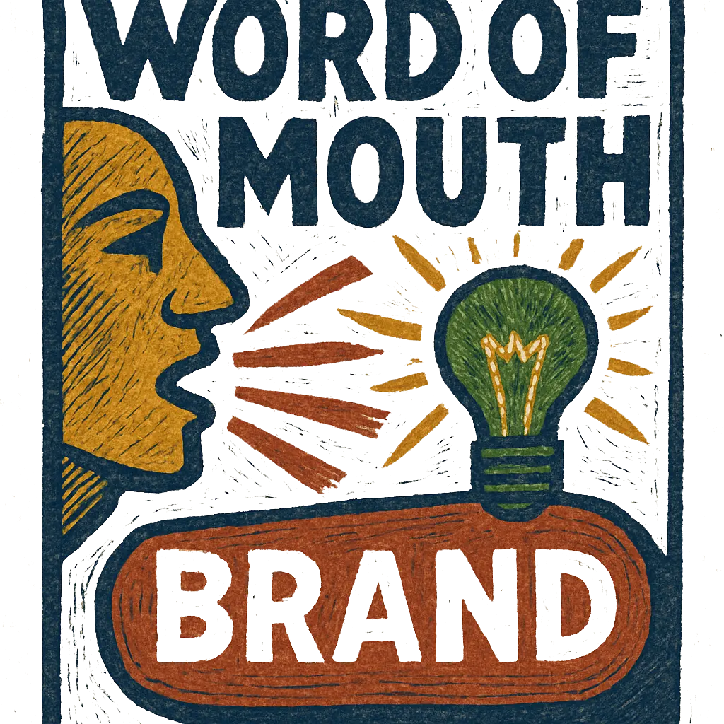 A hand-drawn poster showing a mouth talking with text reading Word of Mouth Brand