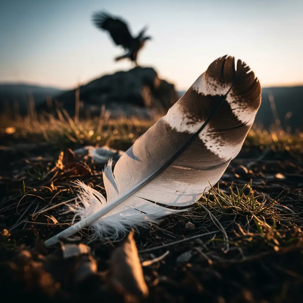 Close-up of a single eagle feather on the ground with an eagle preparing to fly in the distance.